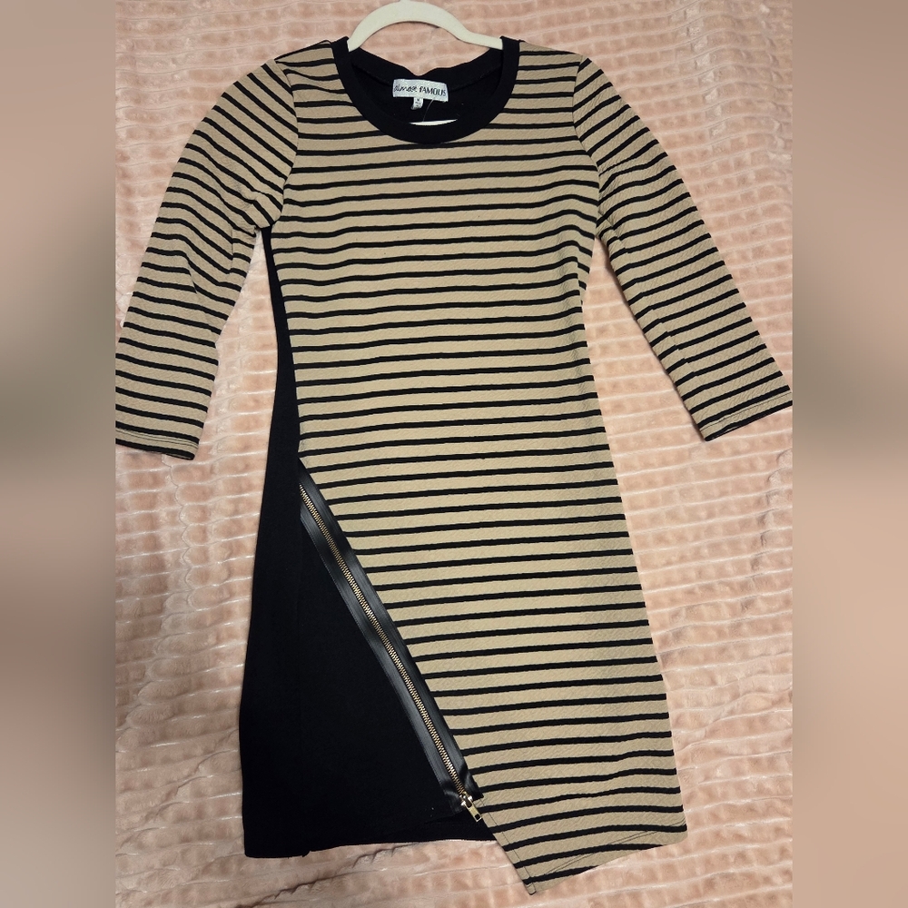 Love Token Black and Tan Striped Long Sleeve Dress